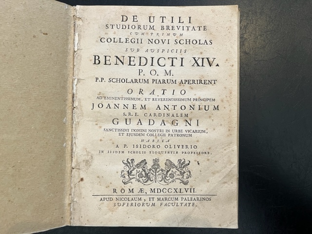 De utili studiorum brevitate cum primum Collegii Novi Scholas sub auspiciis Benedicti XIV... Oratio